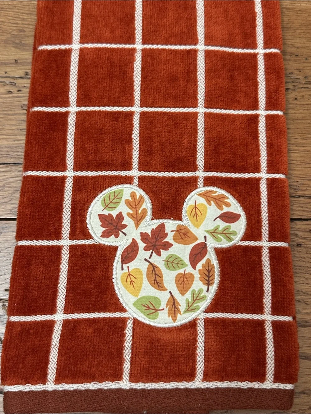 Disney Rust and White Grid Fall Hand Towel with Leaf Mickey